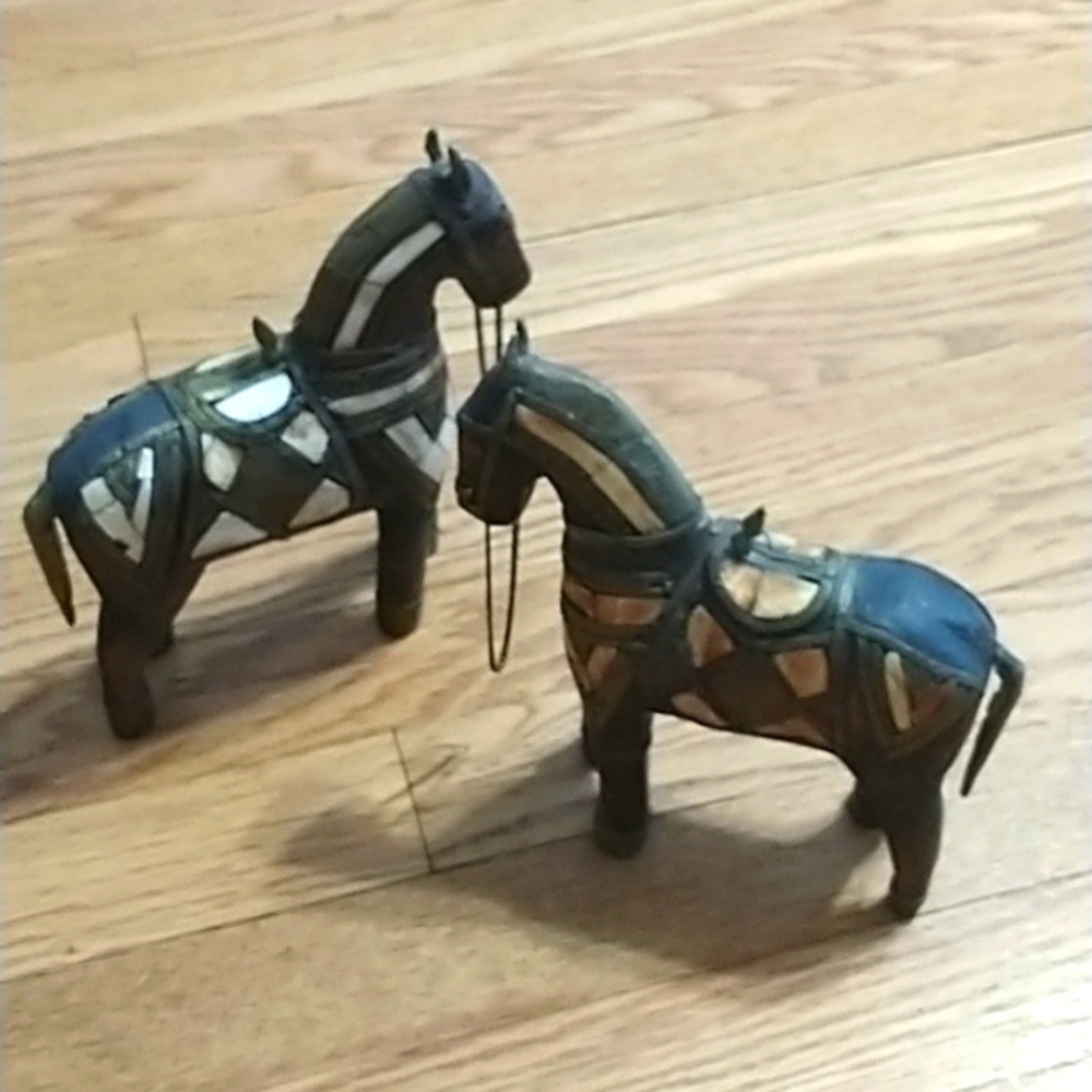 PAIR of DECORATIVE HAND CARVED WOOD VINTAGE HORSES: BRASS & SHELL; Midcentury